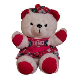 Vtg 1990 Kmart Dan Dee Christmas White Teddy Bear Plush Plaid Dress